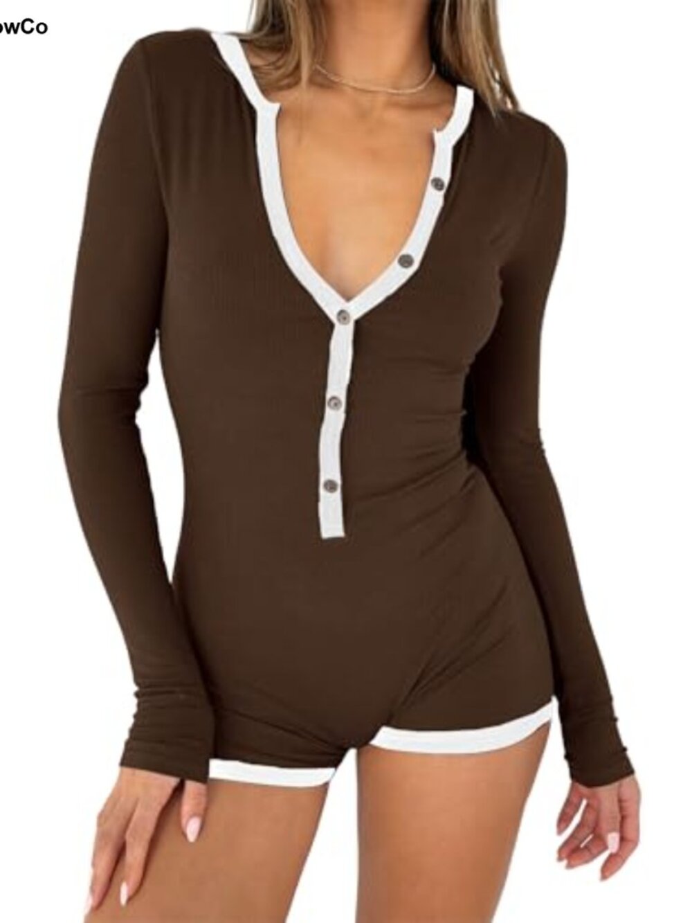 Ribbed Long Sleeve Button Down Romper V-Neck Slim Fit One Piece Outfit